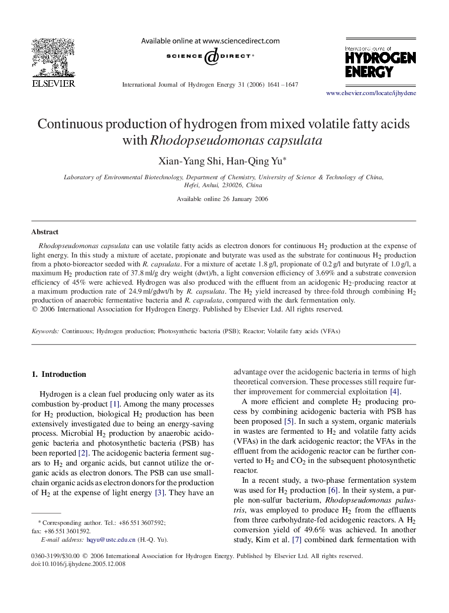 Continuous production of hydrogen from mixed volatile fatty acids with Rhodopseudomonas capsulata