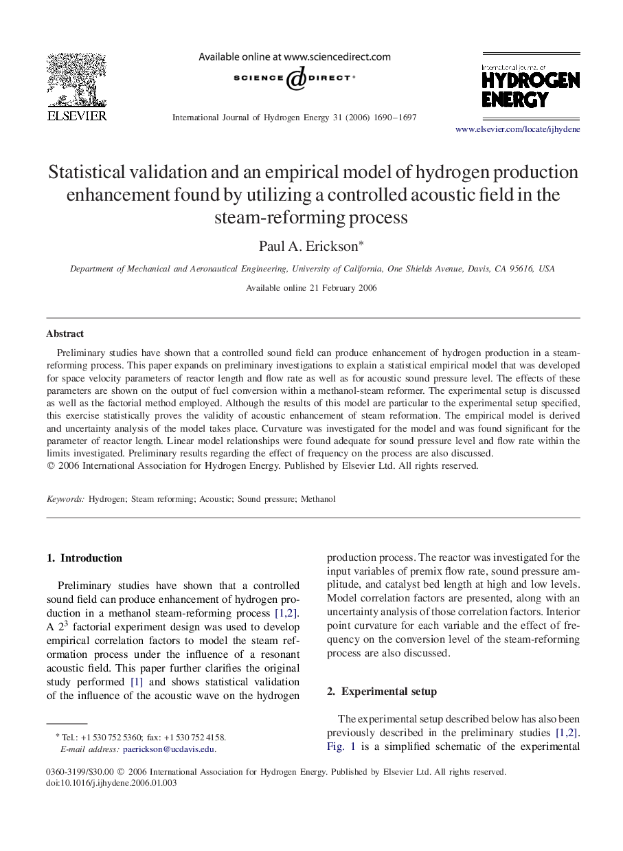 Statistical validation and an empirical model of hydrogen production enhancement found by utilizing a controlled acoustic field in the steam-reforming process