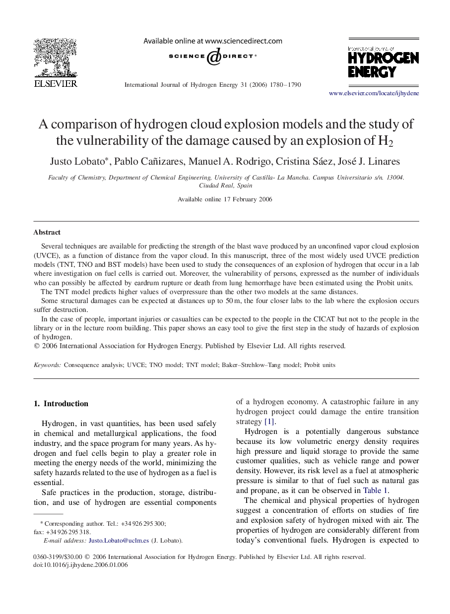 A comparison of hydrogen cloud explosion models and the study of the vulnerability of the damage caused by an explosion of H2H2