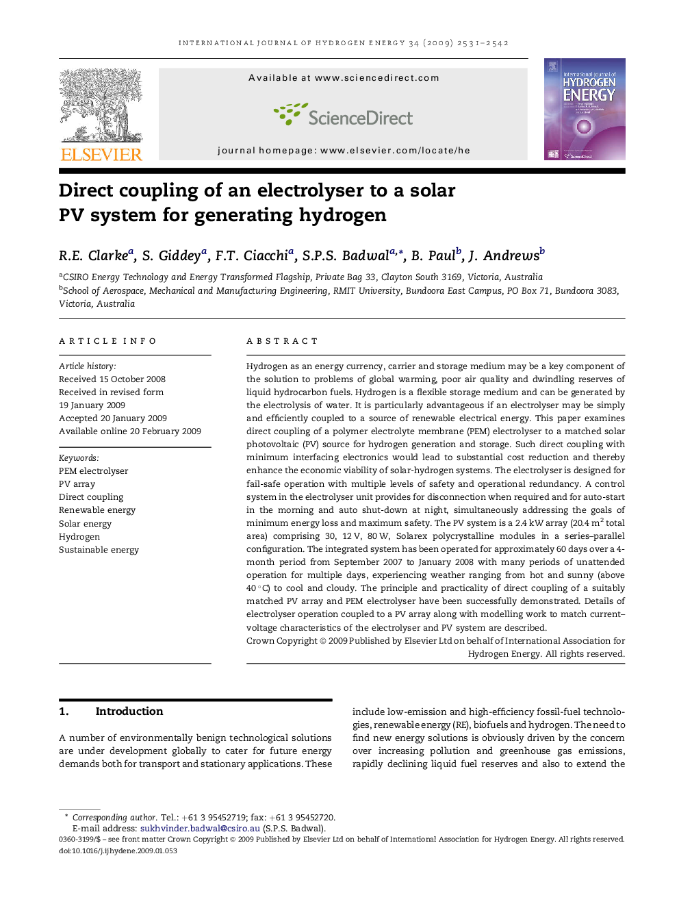 Direct coupling of an electrolyser to a solar PV system for generating hydrogen