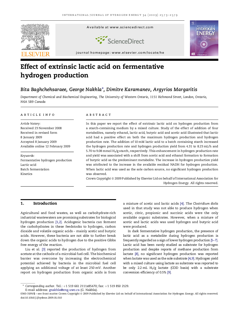 Effect of extrinsic lactic acid on fermentative hydrogen production