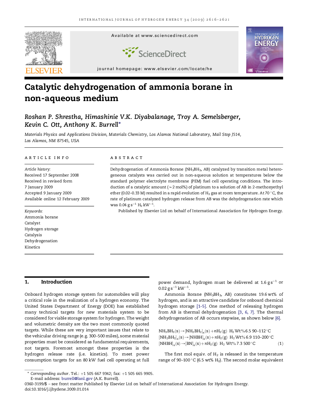 Catalytic dehydrogenation of ammonia borane in non-aqueous medium