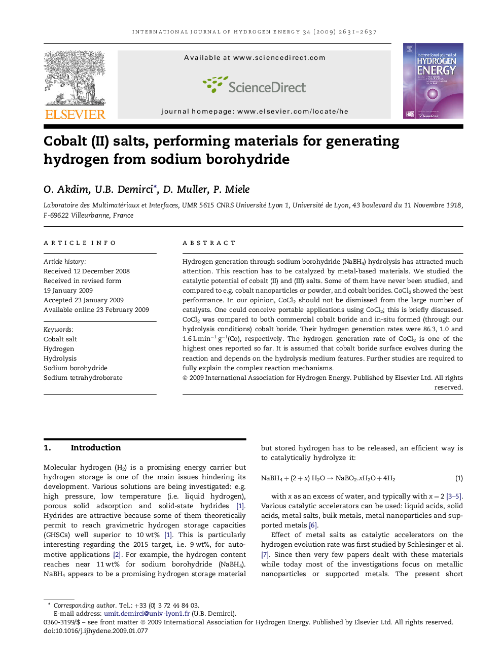 Cobalt (II) salts, performing materials for generating hydrogen from sodium borohydride