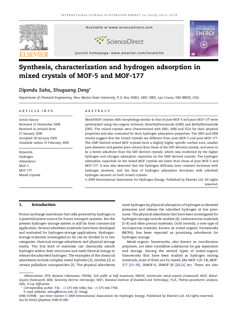 Synthesis, characterization and hydrogen adsorption in mixed crystals of MOF-5 and MOF-177