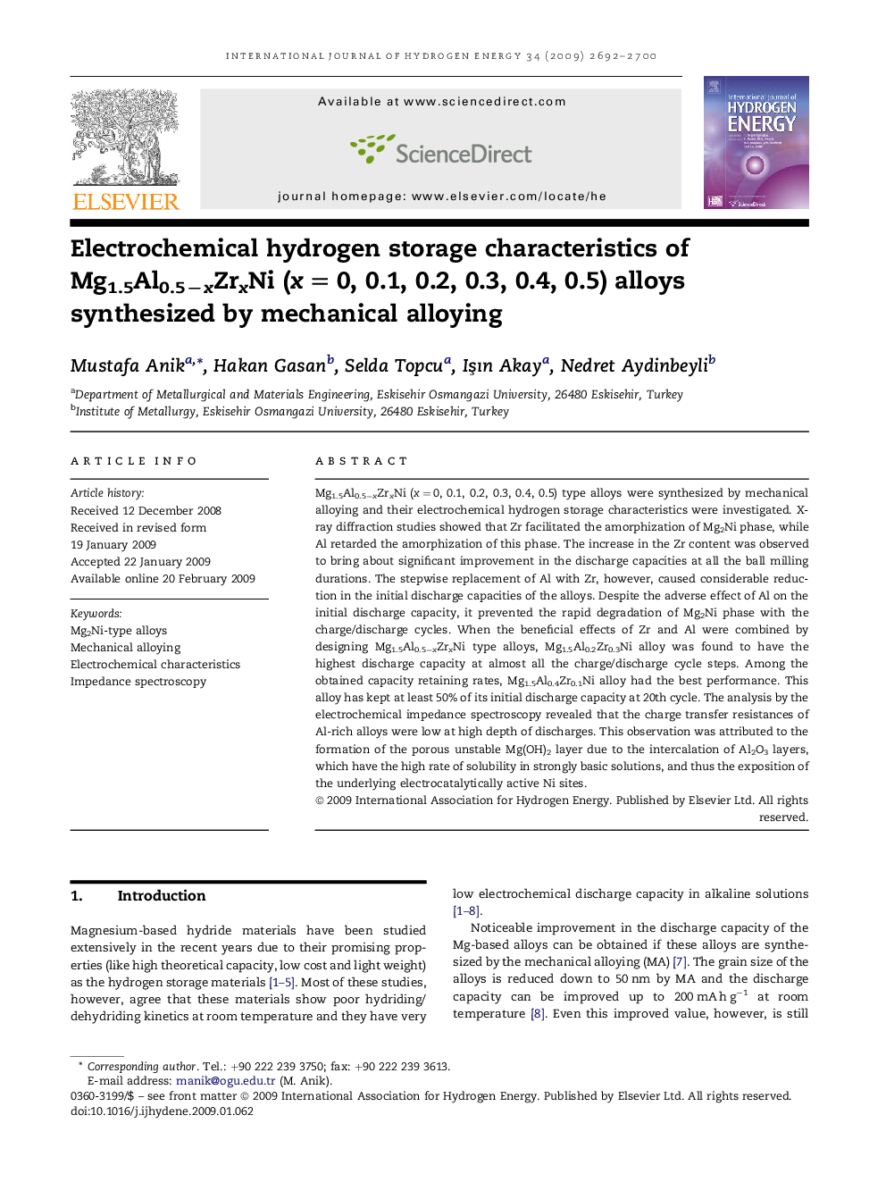 Electrochemical hydrogen storage characteristics of Mg1.5Al0.5−xZrxNi (x = 0, 0.1, 0.2, 0.3, 0.4, 0.5) alloys synthesized by mechanical alloying