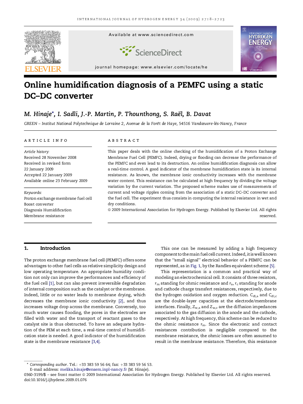 Online humidification diagnosis of a PEMFC using a static DC–DC converter