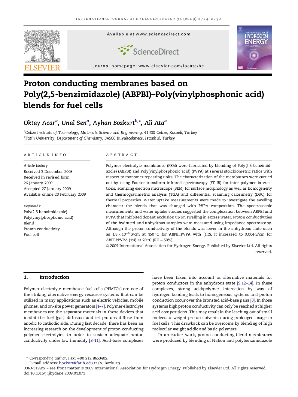 Proton conducting membranes based on Poly(2,5-benzimidazole) (ABPBI)–Poly(vinylphosphonic acid) blends for fuel cells