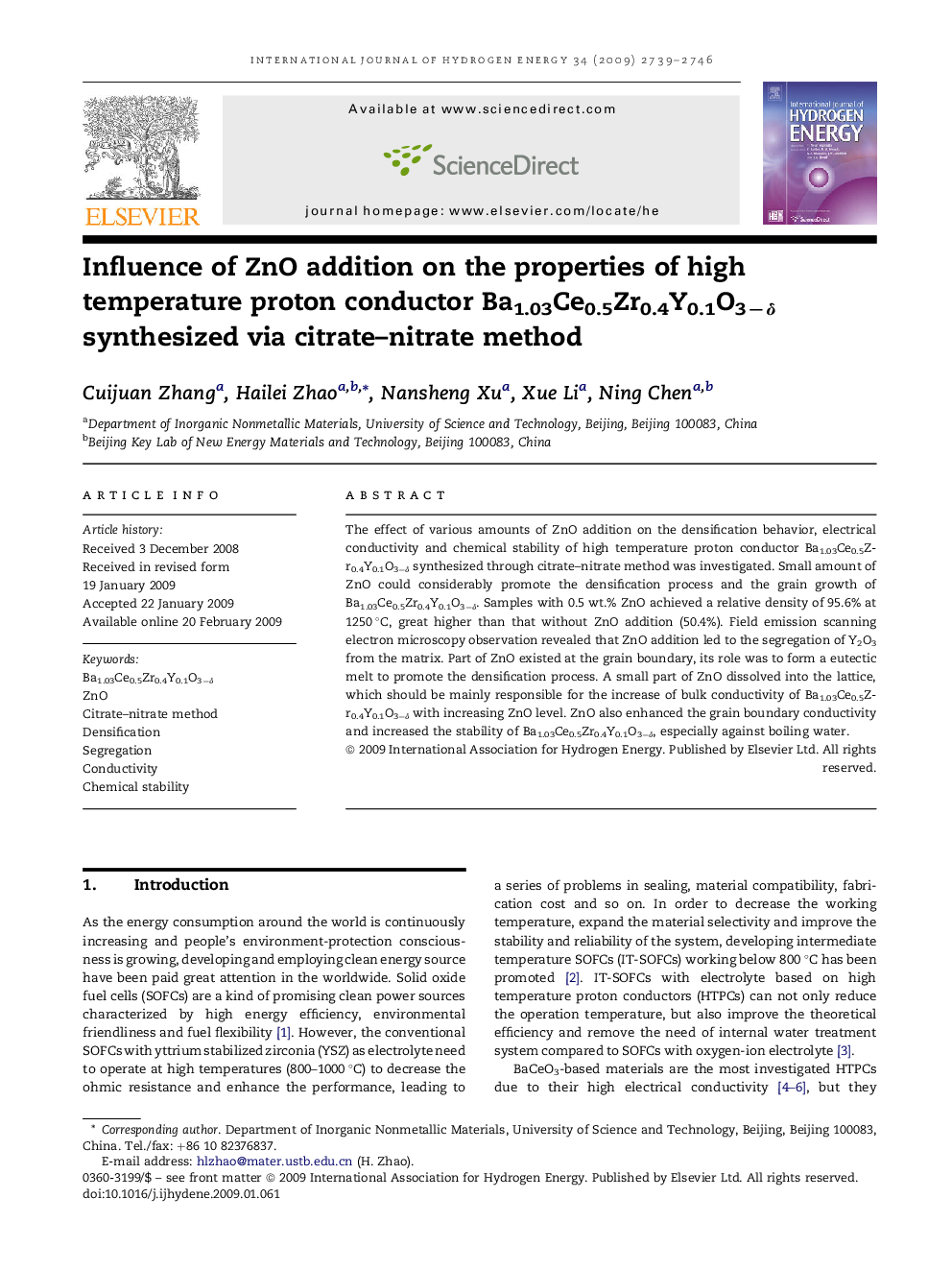 Influence of ZnO addition on the properties of high temperature proton conductor Ba1.03Ce0.5Zr0.4Y0.1O3−δ synthesized via citrate–nitrate method