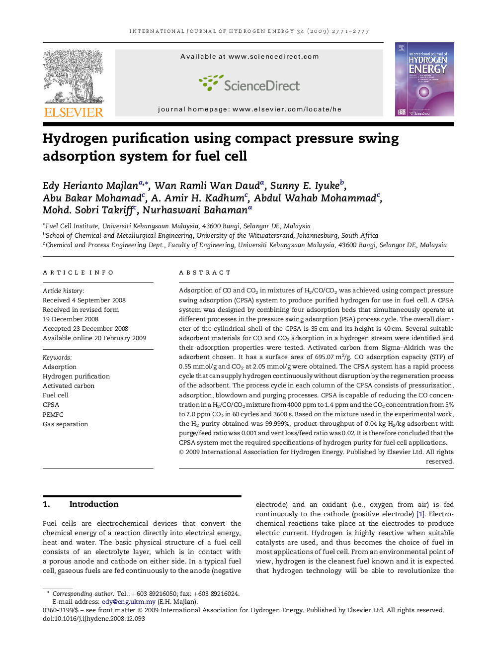 Hydrogen purification using compact pressure swing adsorption system for fuel cell