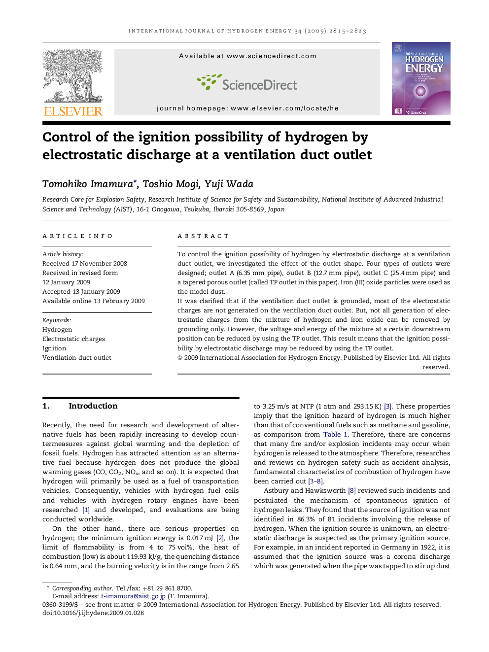 Control of the ignition possibility of hydrogen by electrostatic discharge at a ventilation duct outlet