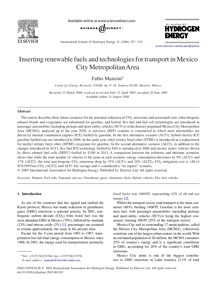 Inserting renewable fuels and technologies for transport in Mexico City Metropolitan Area