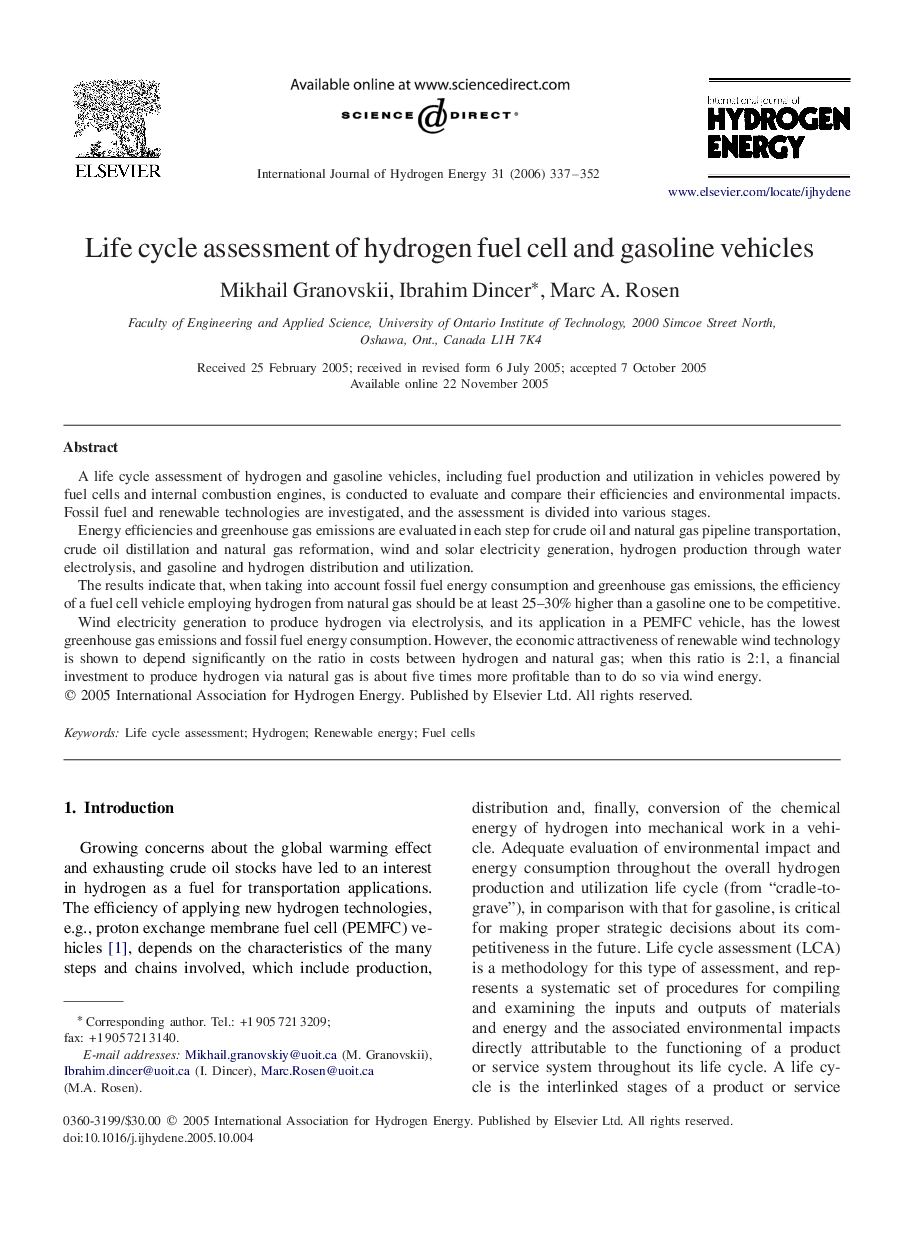 Life cycle assessment of hydrogen fuel cell and gasoline vehicles