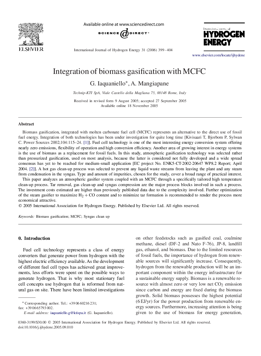 Integration of biomass gasification with MCFC