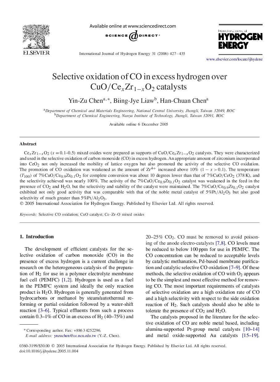 Selective oxidation of CO in excess hydrogen over CuO/CexZr1-xO2CuO/CexZr1-xO2 catalysts