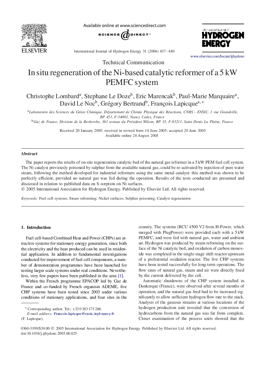 In situ regeneration of the Ni-based catalytic reformer of a 5Â kW PEMFC system