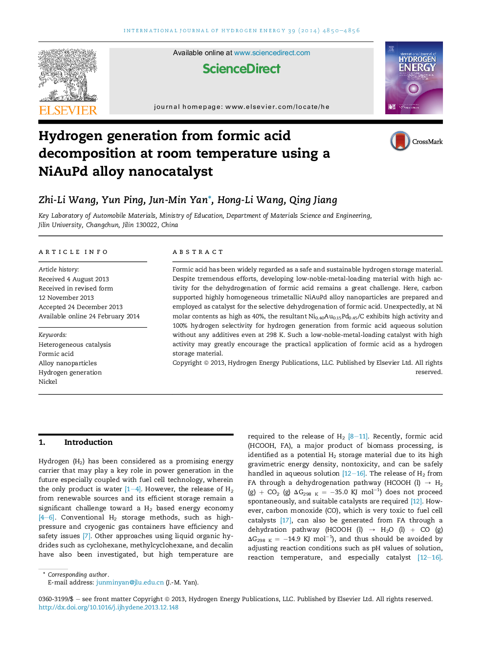 Hydrogen generation from formic acid decomposition at room temperature using a NiAuPd alloy nanocatalyst