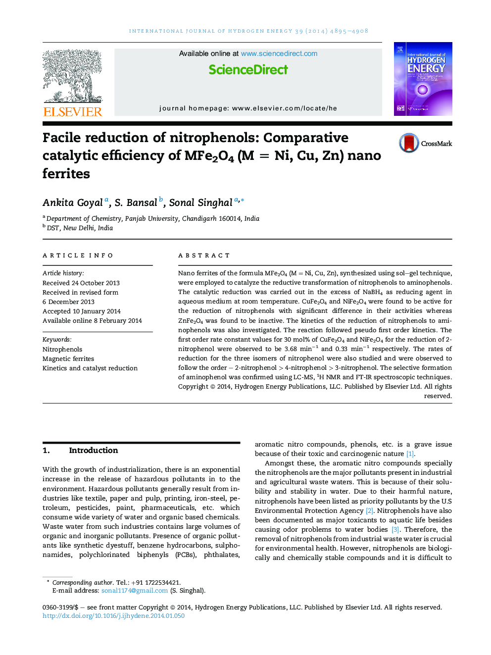 Facile reduction of nitrophenols: Comparative catalytic efficiency of MFe2O4 (M = Ni, Cu, Zn) nano ferrites