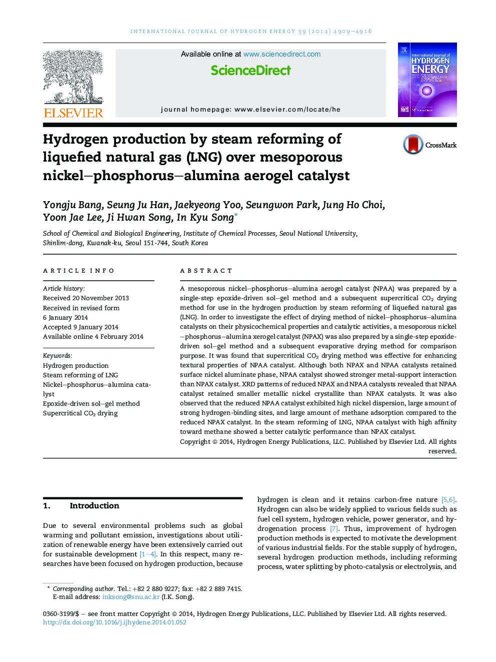 Hydrogen production by steam reforming of liquefied natural gas (LNG) over mesoporous nickel–phosphorus–alumina aerogel catalyst