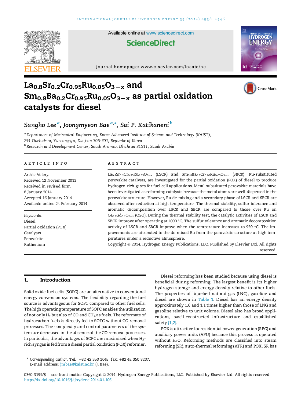 La0.8Sr0.2Cr0.95Ru0.05O3−x and Sm0.8Ba0.2Cr0.95Ru0.05O3−x as partial oxidation catalysts for diesel