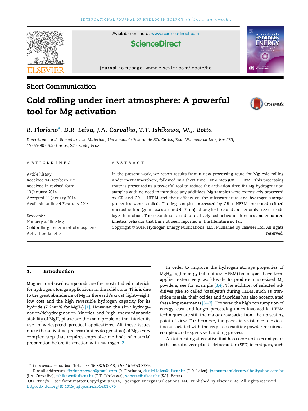 Cold rolling under inert atmosphere: A powerful tool for Mg activation