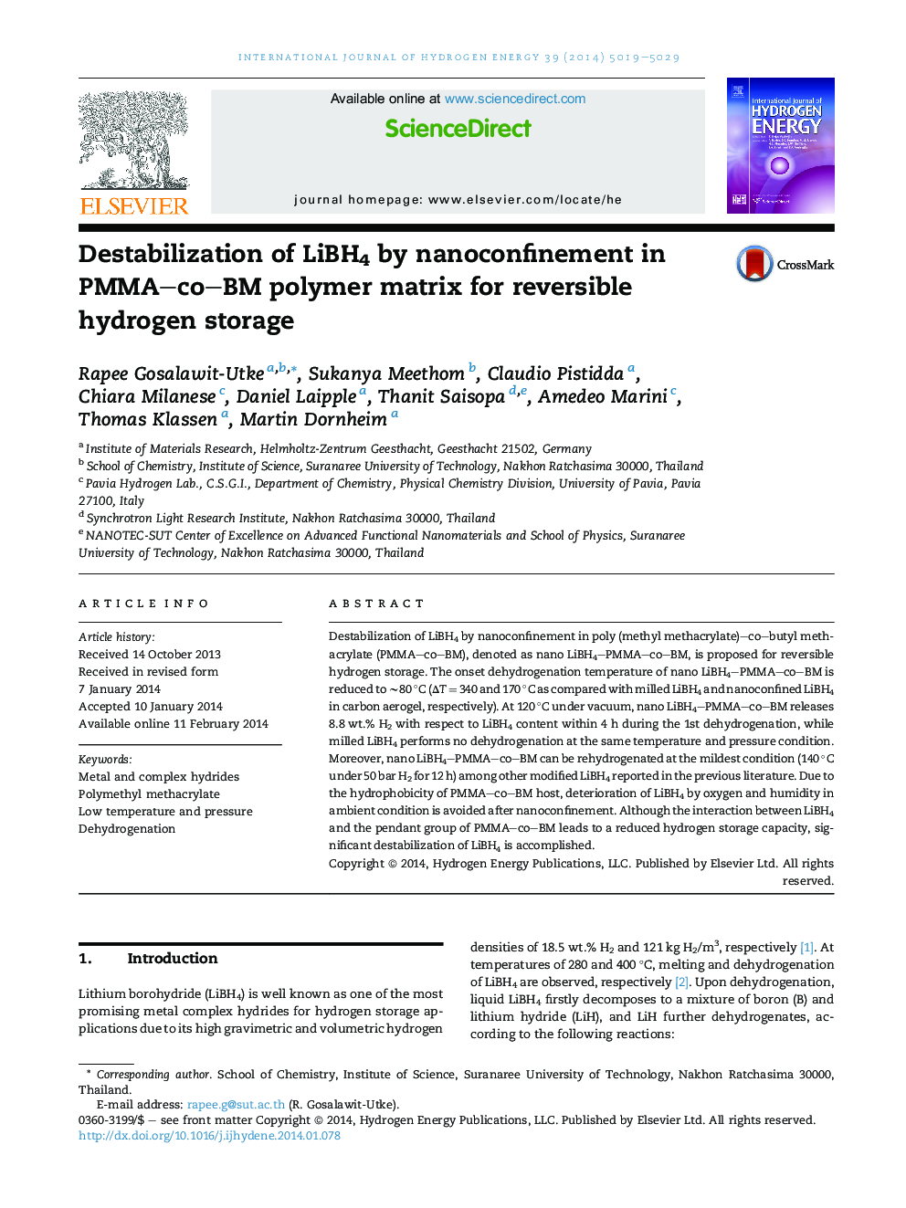 Destabilization of LiBH4 by nanoconfinement in PMMA–co–BM polymer matrix for reversible hydrogen storage