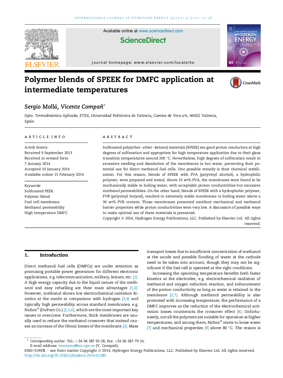 Polymer blends of SPEEK for DMFC application at intermediate temperatures