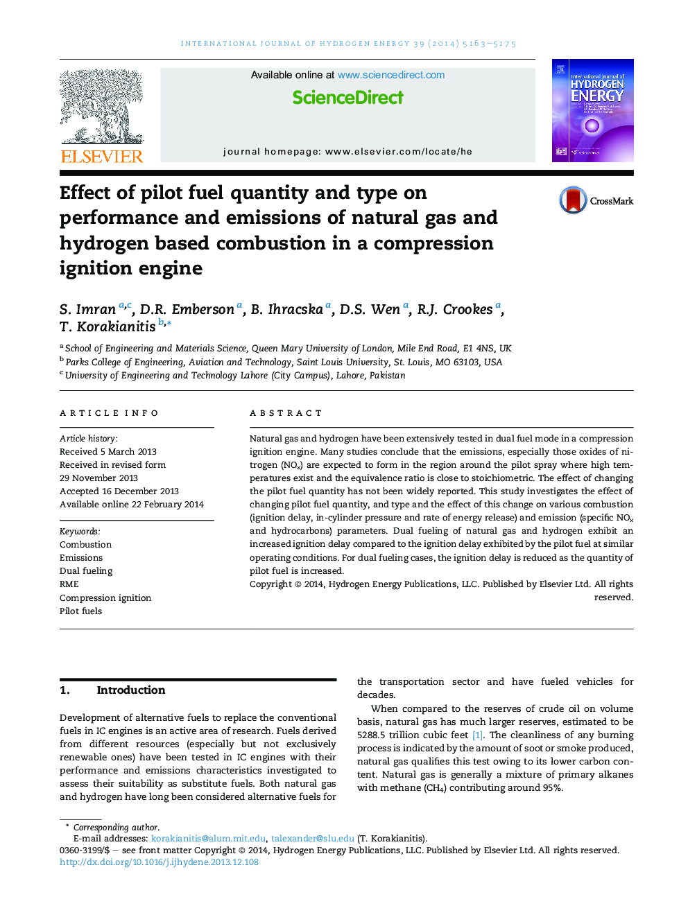 Effect of pilot fuel quantity and type on performance and emissions of natural gas and hydrogen based combustion in a compression ignition engine