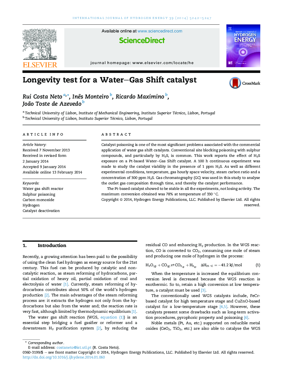 Longevity test for a Water–Gas Shift catalyst