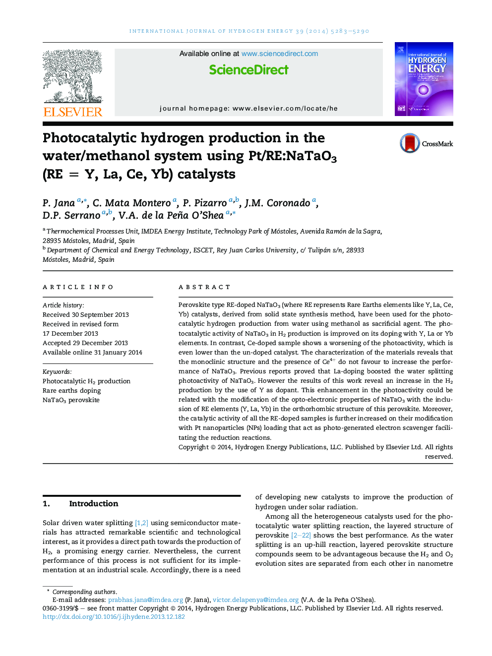 Photocatalytic hydrogen production in the water/methanol system using Pt/RE:NaTaO3 (RE = Y, La, Ce, Yb) catalysts