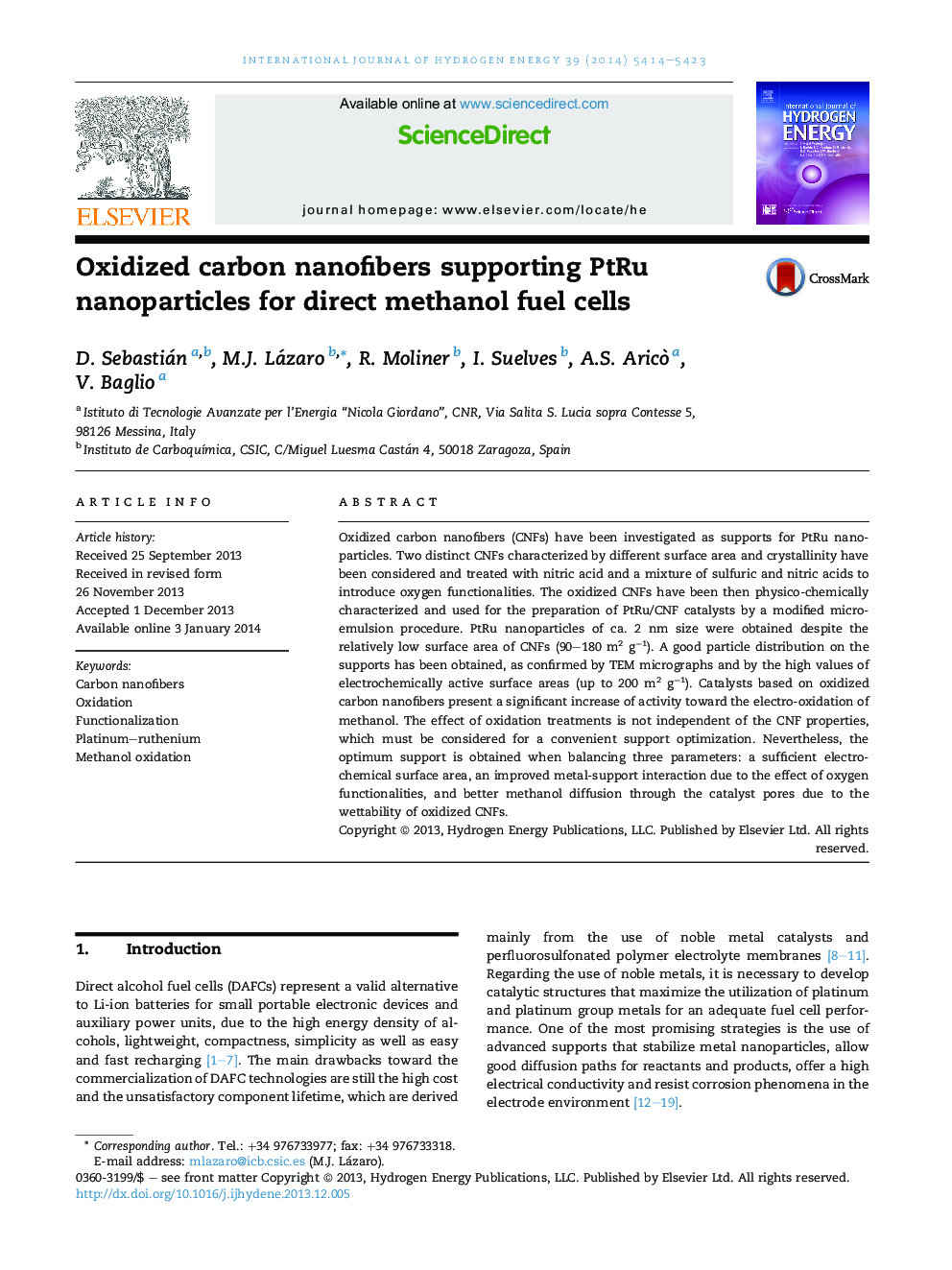 Oxidized carbon nanofibers supporting PtRu nanoparticles for direct methanol fuel cells