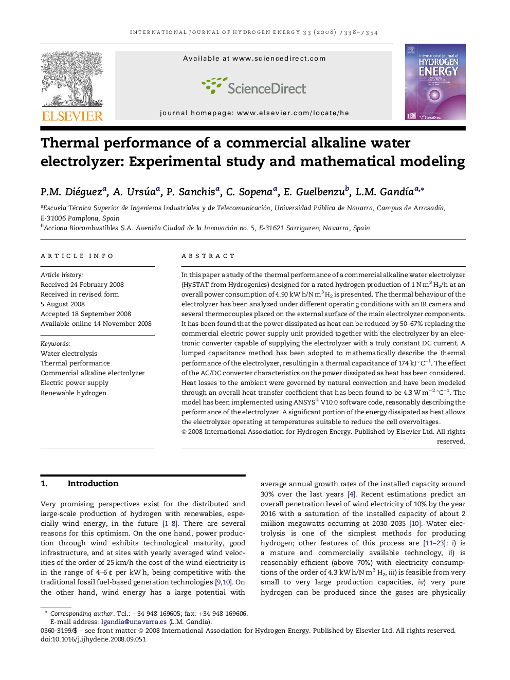 Thermal performance of a commercial alkaline water electrolyzer: Experimental study and mathematical modeling