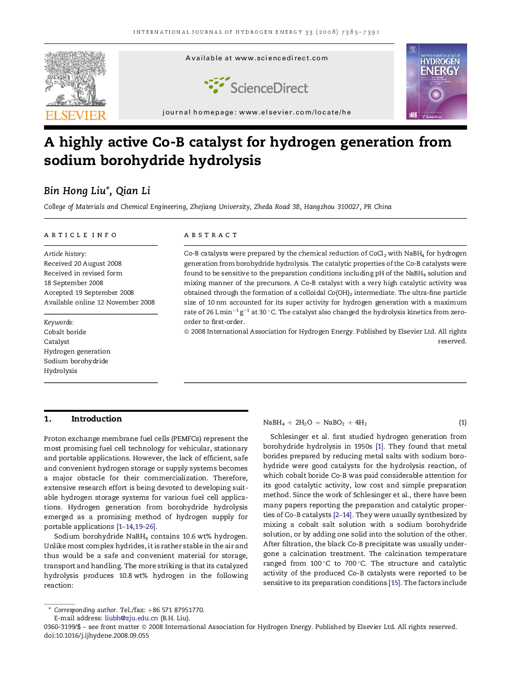 A highly active Co-B catalyst for hydrogen generation from sodium borohydride hydrolysis