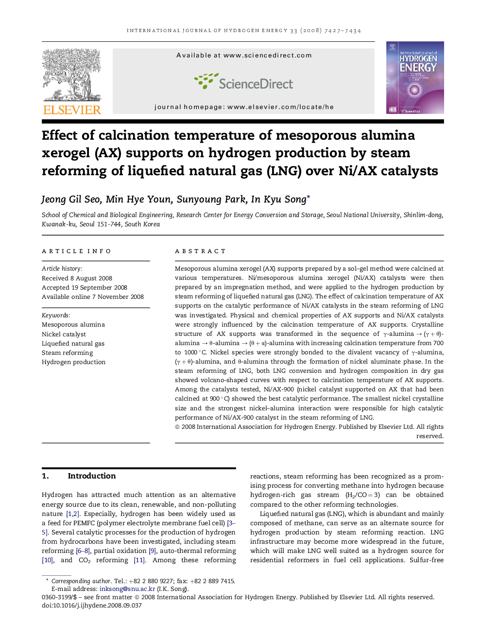 Effect of calcination temperature of mesoporous alumina xerogel (AX) supports on hydrogen production by steam reforming of liquefied natural gas (LNG) over Ni/AX catalysts