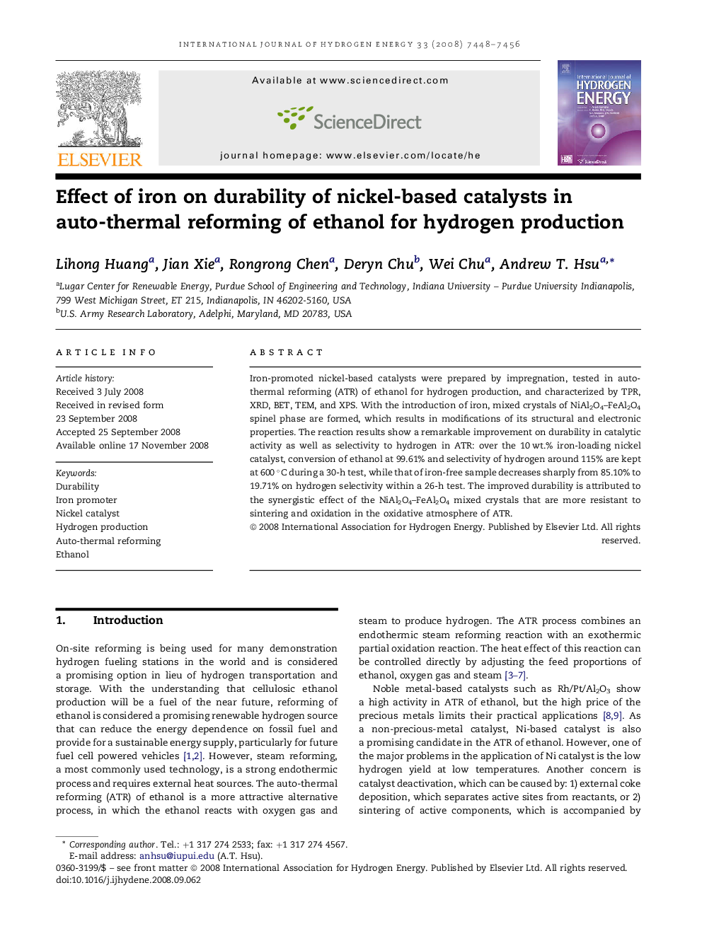 Effect of iron on durability of nickel-based catalysts in auto-thermal reforming of ethanol for hydrogen production