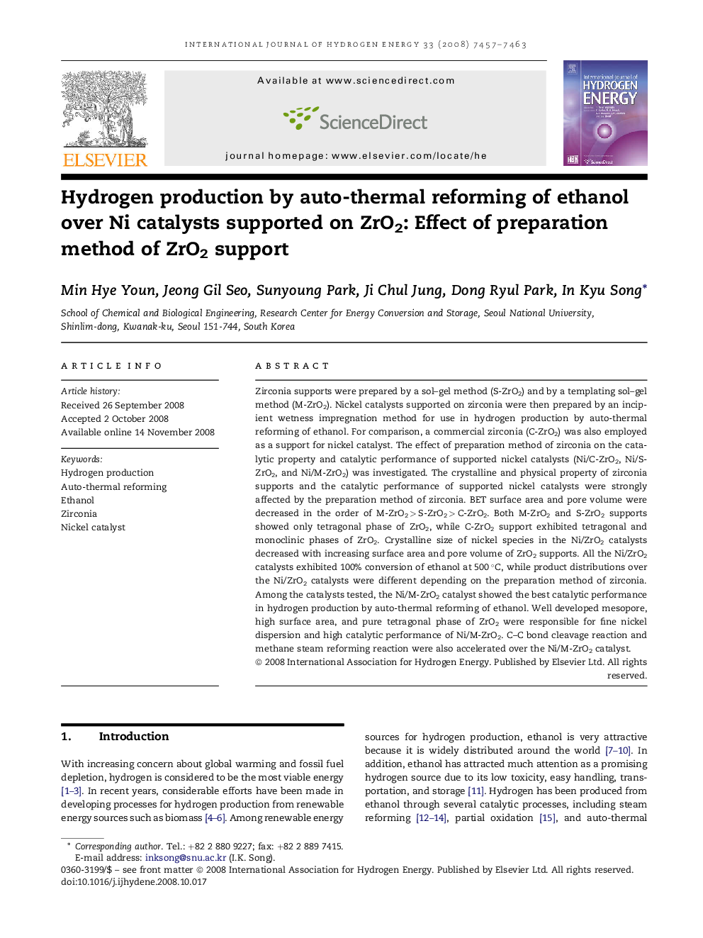 Hydrogen production by auto-thermal reforming of ethanol over Ni catalysts supported on ZrO2: Effect of preparation method of ZrO2 support