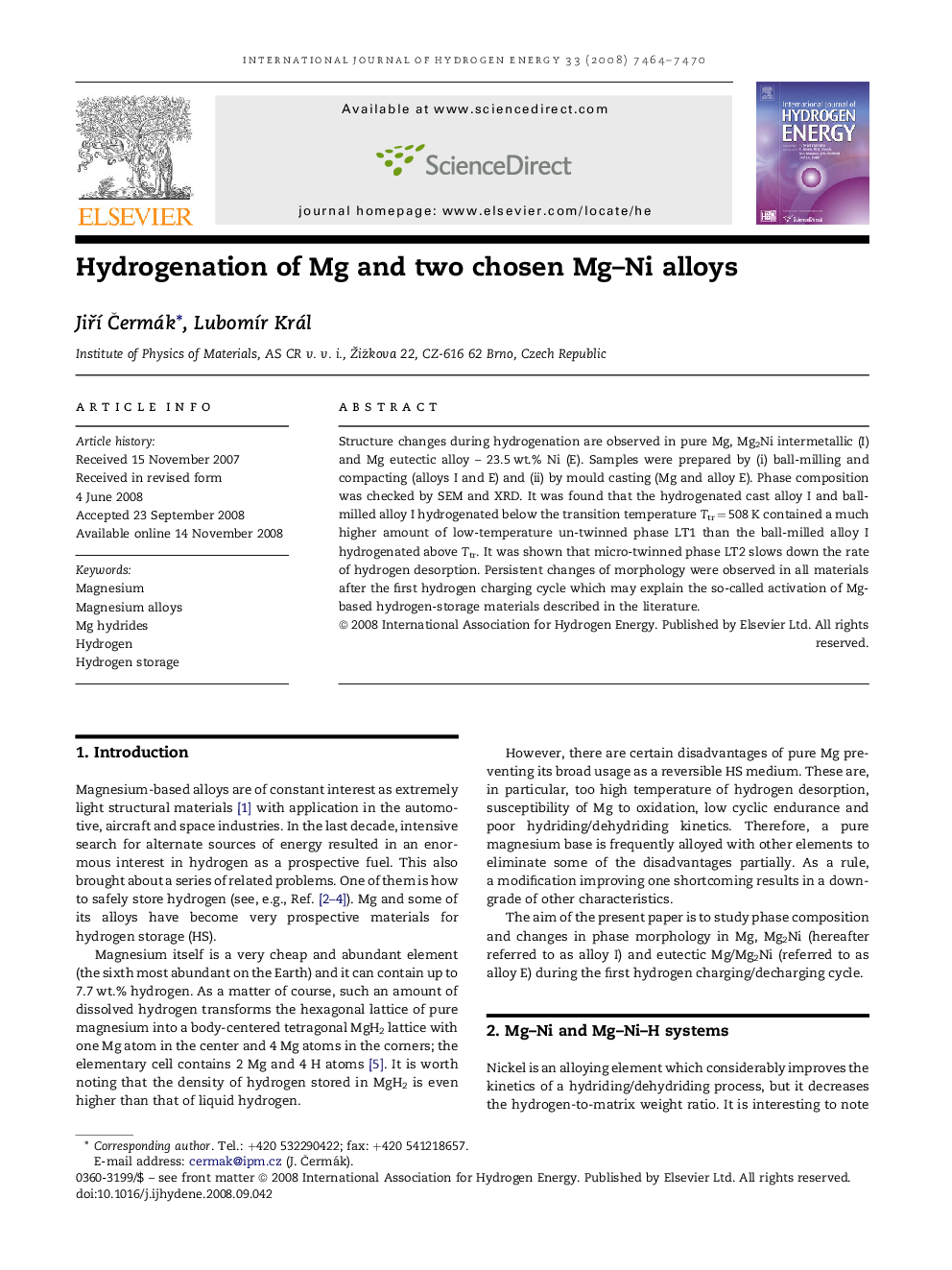 Hydrogenation of Mg and two chosen Mg–Ni alloys