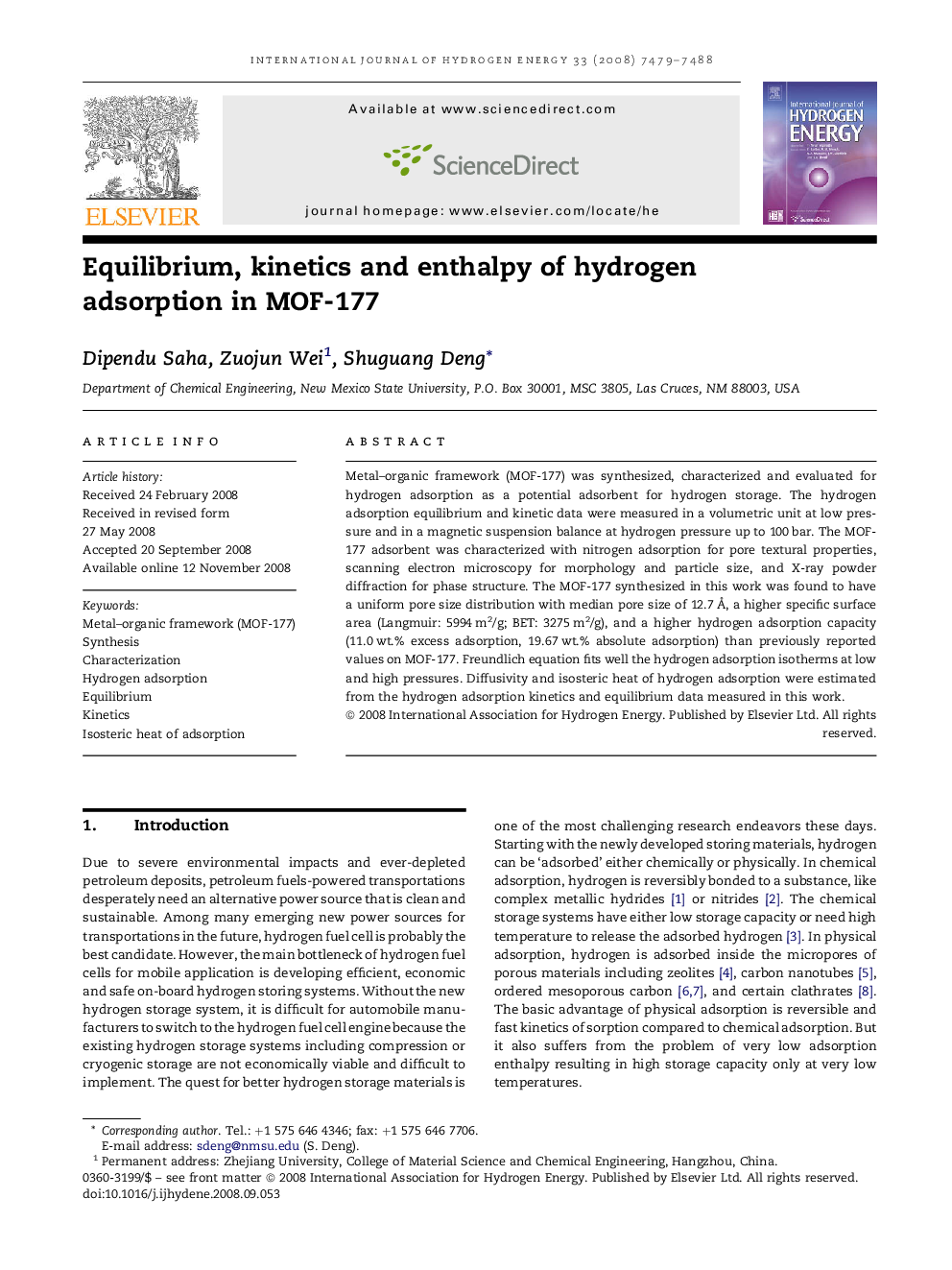 Equilibrium, kinetics and enthalpy of hydrogen adsorption in MOF-177