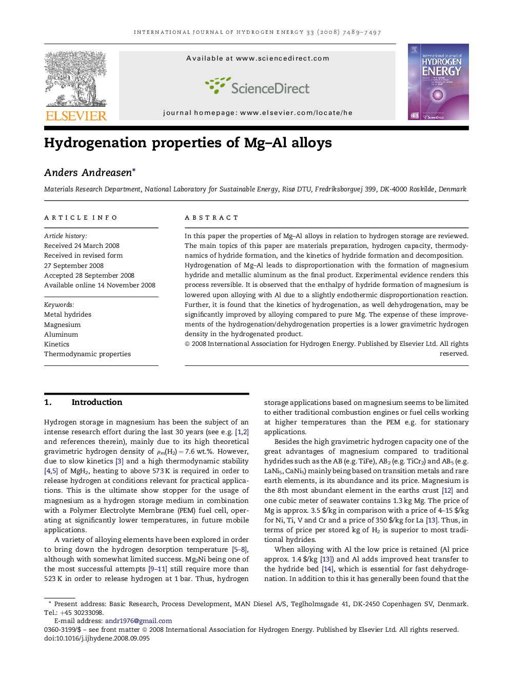 Hydrogenation properties of Mg–Al alloys