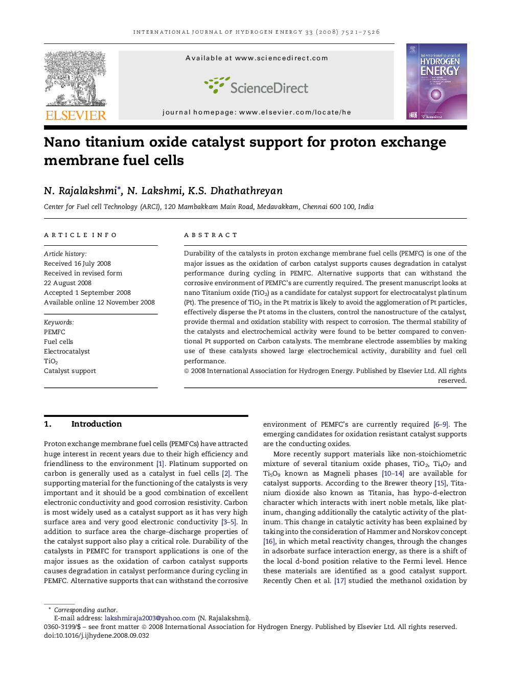 Nano titanium oxide catalyst support for proton exchange membrane fuel cells