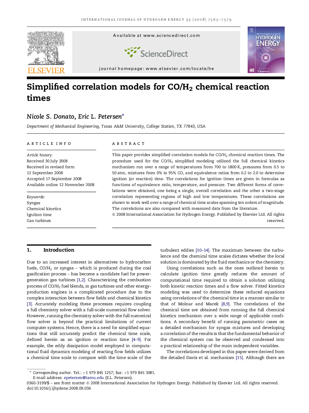 Simplified correlation models for CO/H2 chemical reaction times