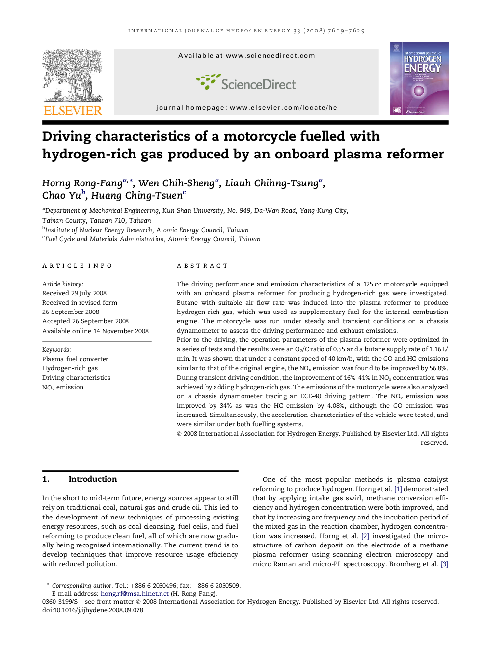 Driving characteristics of a motorcycle fuelled with hydrogen-rich gas produced by an onboard plasma reformer