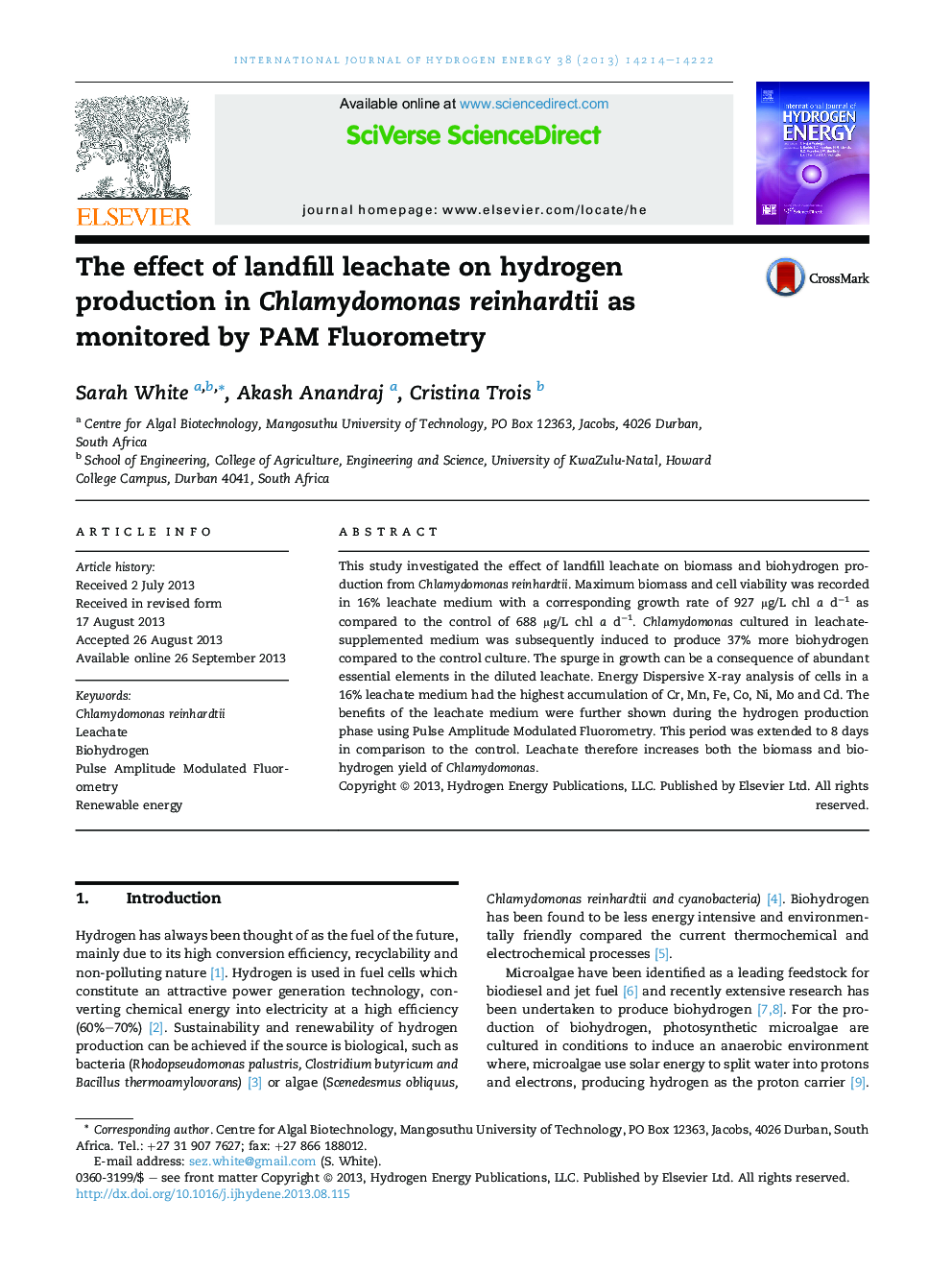 The effect of landfill leachate on hydrogen production in Chlamydomonas reinhardtii as monitored by PAM Fluorometry