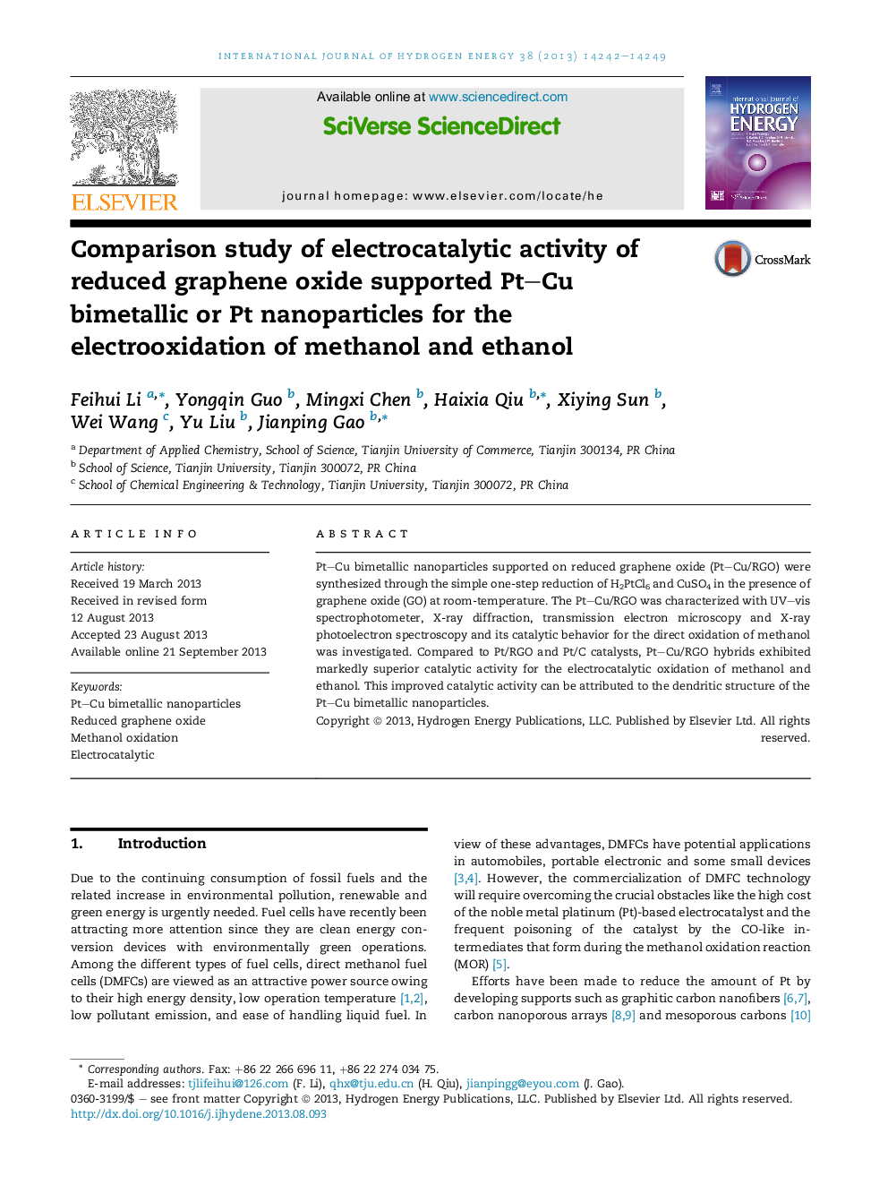 Comparison study of electrocatalytic activity of reduced graphene oxide supported Pt–Cu bimetallic or Pt nanoparticles for the electrooxidation of methanol and ethanol