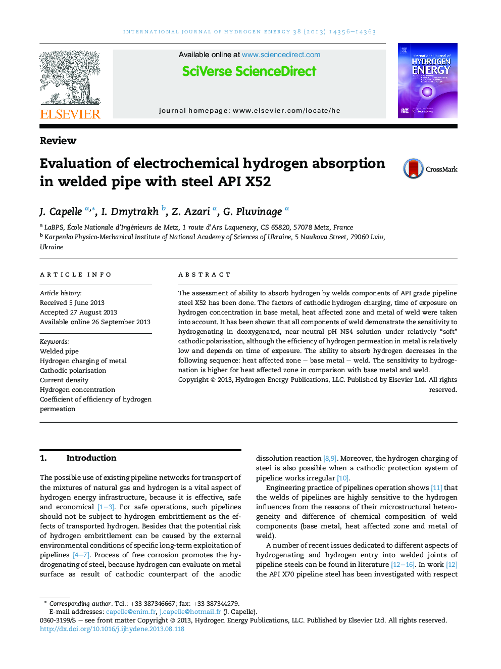 Evaluation of electrochemical hydrogen absorption in welded pipe with steel API X52