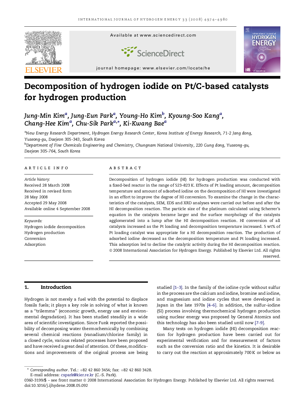 Decomposition of hydrogen iodide on Pt/C-based catalysts for hydrogen production