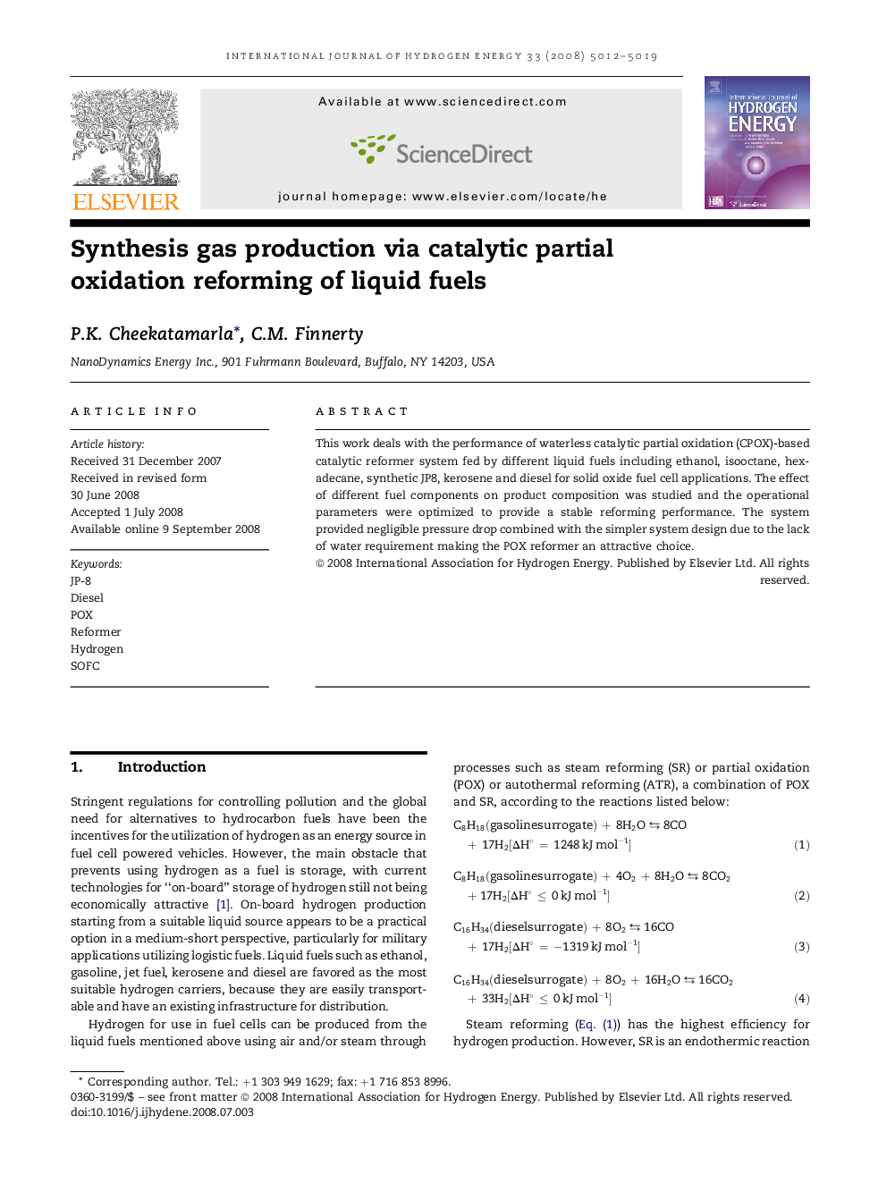 Synthesis gas production via catalytic partial oxidation reforming of liquid fuels