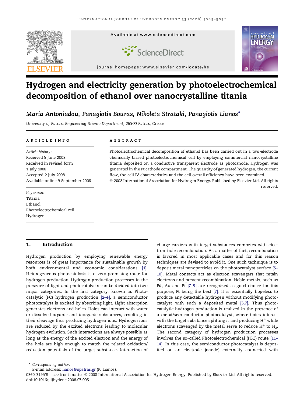 Hydrogen and electricity generation by photoelectrochemical decomposition of ethanol over nanocrystalline titania