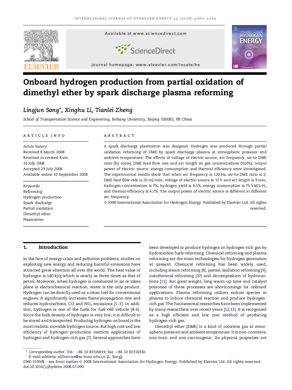 Onboard hydrogen production from partial oxidation of dimethyl ether by spark discharge plasma reforming