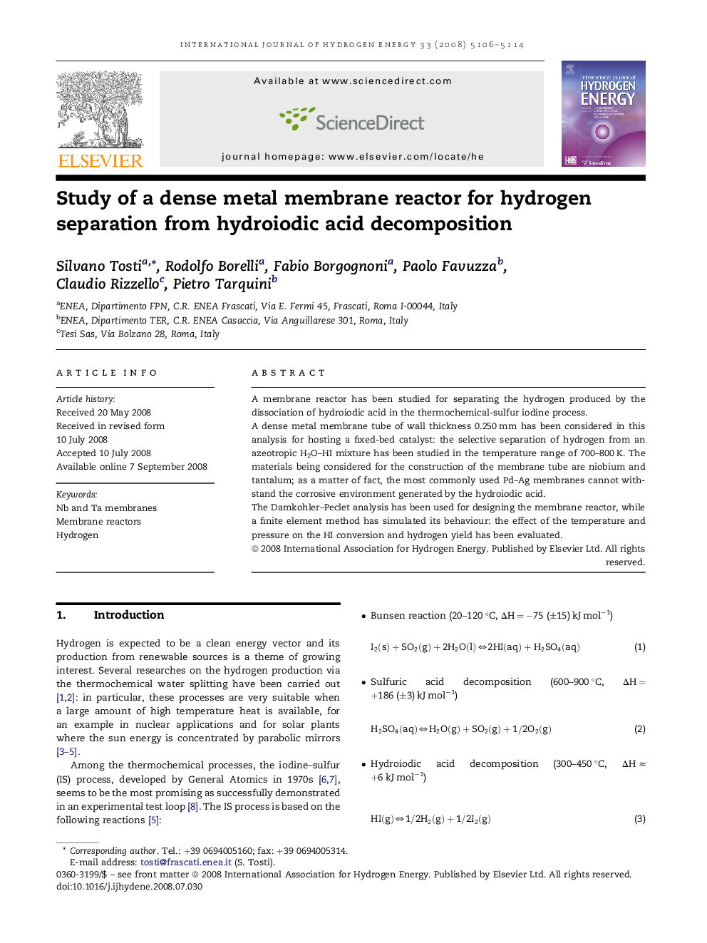 Study of a dense metal membrane reactor for hydrogen separation from hydroiodic acid decomposition