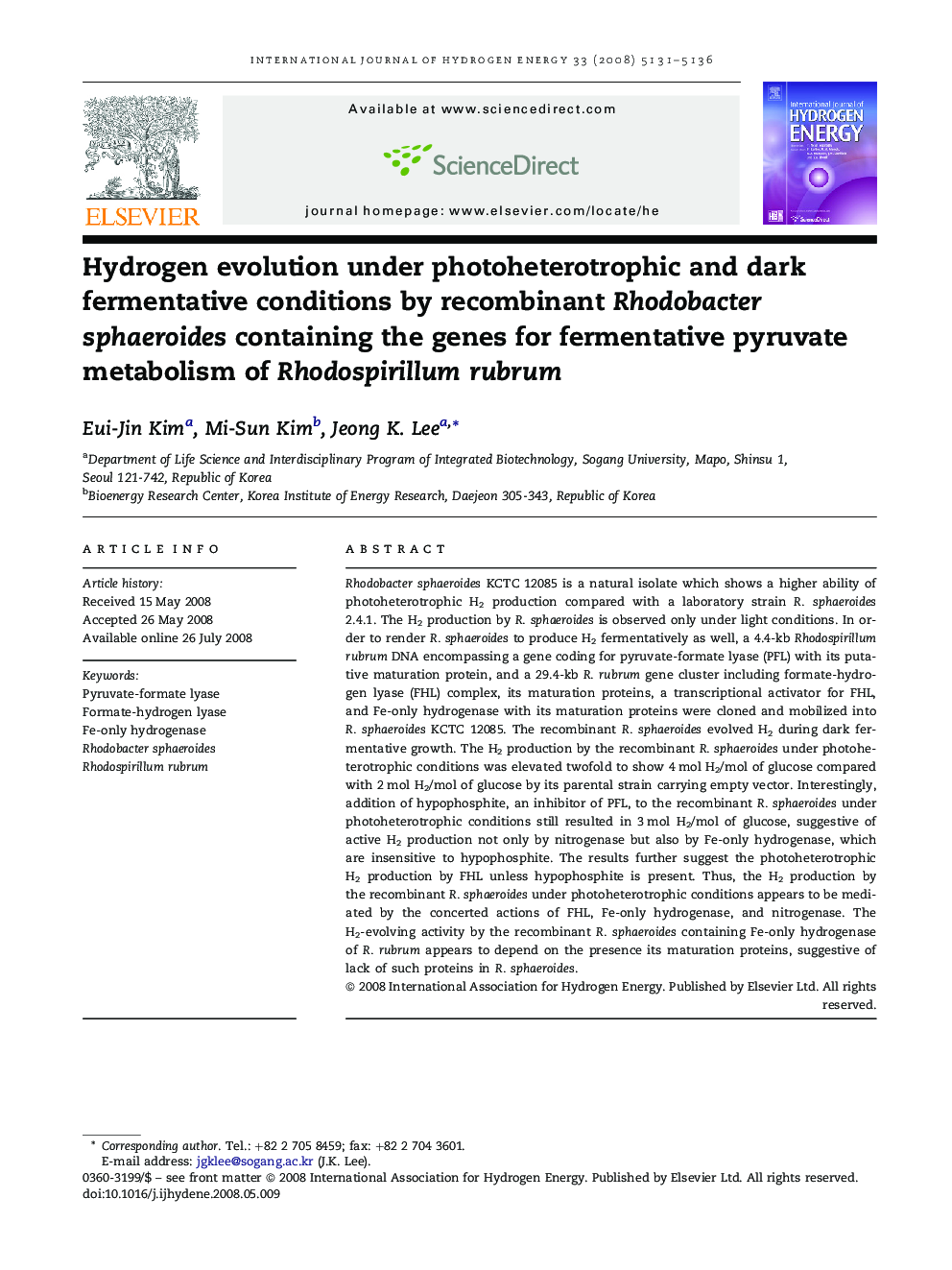 Hydrogen evolution under photoheterotrophic and dark fermentative conditions by recombinant Rhodobacter sphaeroides containing the genes for fermentative pyruvate metabolism of Rhodospirillum rubrum